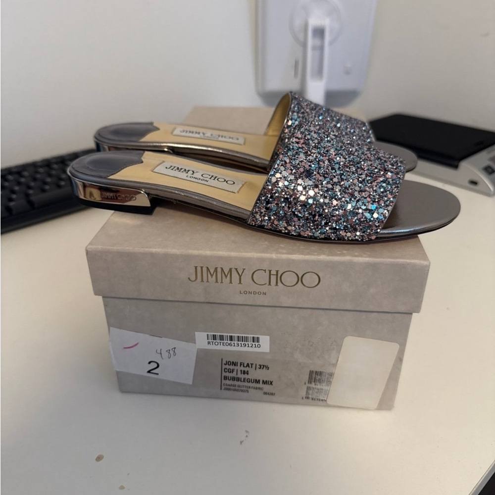 Jimmy Choo Joni Flat Bubblegum Mix Sandals Size 37.5